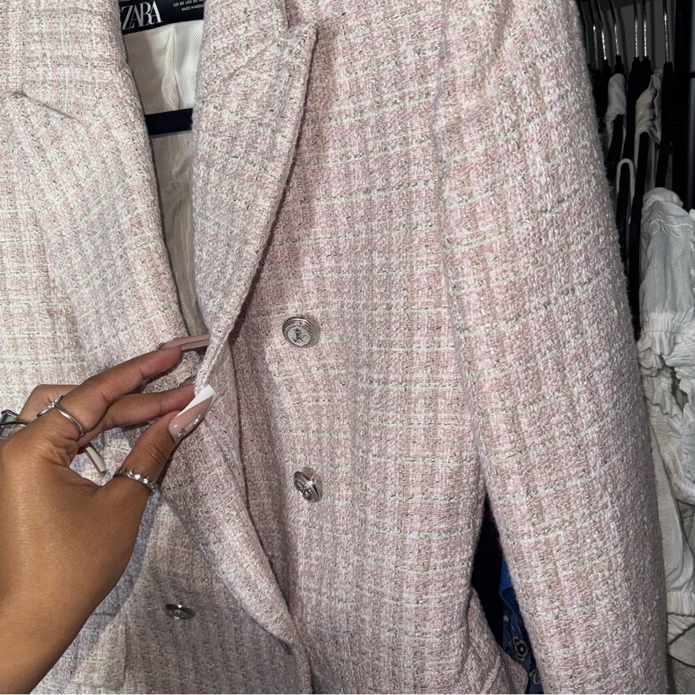 ZARA Pink Tweed Double-Breasted Blazer Jacket - Picture 7 of 17